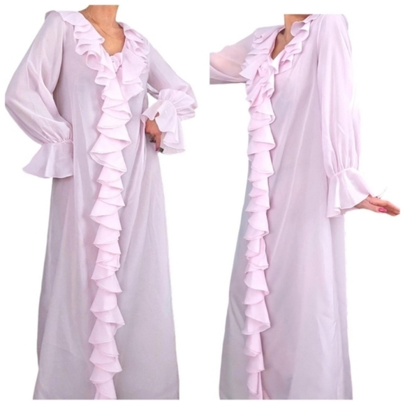 Christian Dior Vintage Pink Ruffle Kaftan Caftan Long Sleeve Maxi Hostess Dress - Picture 2 of 9